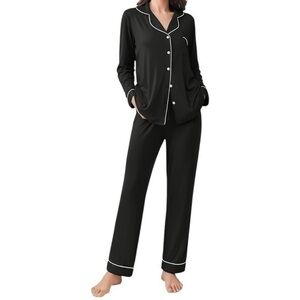 Ekouaer Women’s Size XS Black with White Piping Two Piece PJ Pajama Set